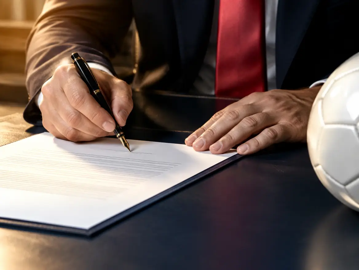 Signature d'un contrat au stylo plume, un ballon posé sur le bureau