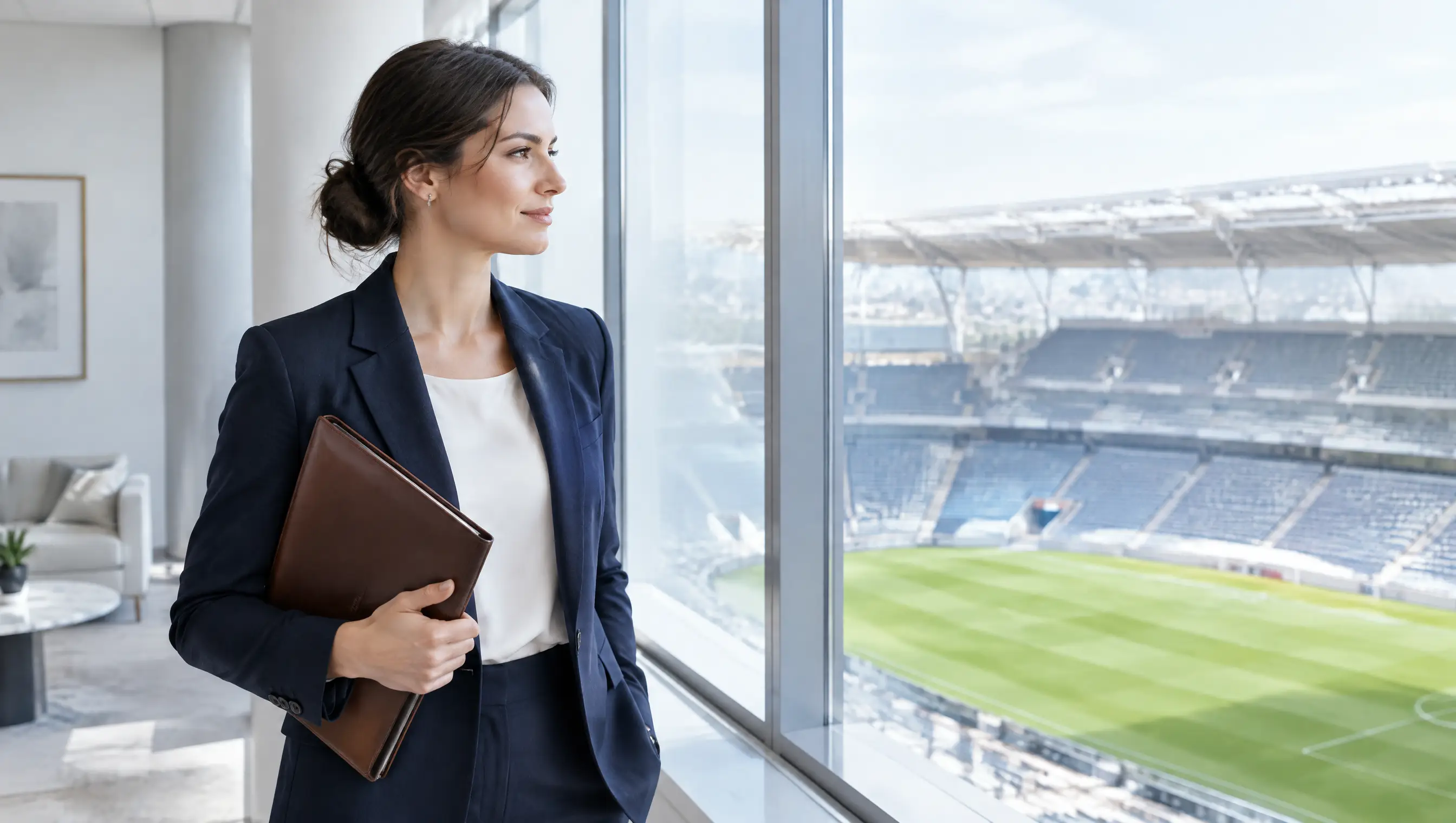 Une professionnelle regarde un stade depuis un bureau lumineux
