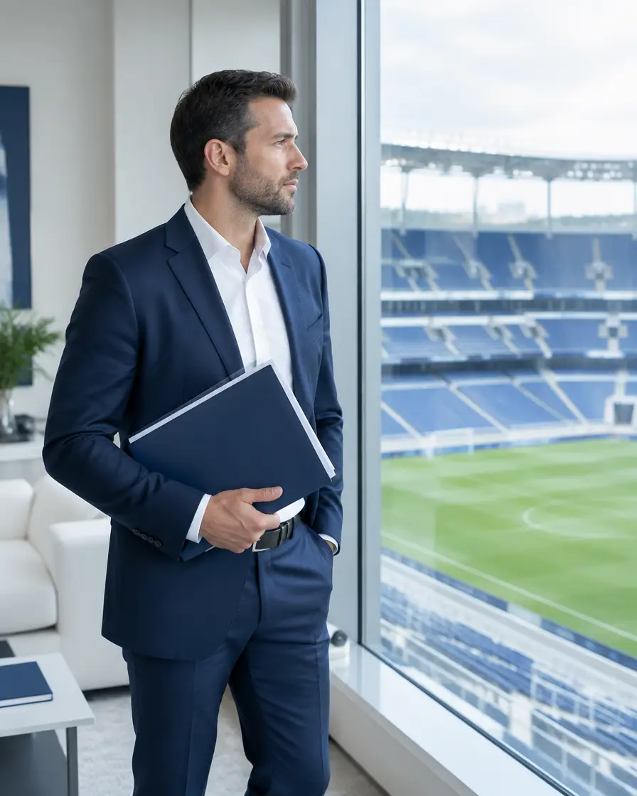 Un agent de joueurs en costume bleu marine regarde un stade depuis son bureau